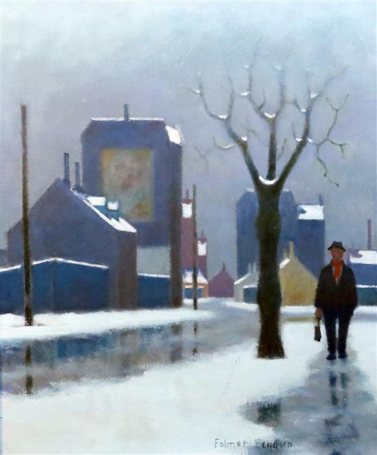 § Folmer Bendsten (Danish 1907-1993) Figure on a snowy street 21.5 x 18in.
